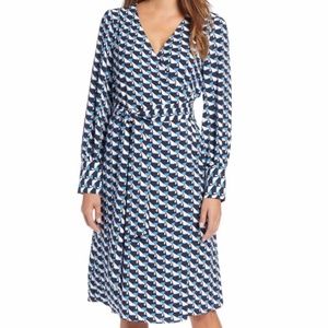 Halogen Wrap Dress Blue Ivory Geometric Print Size M